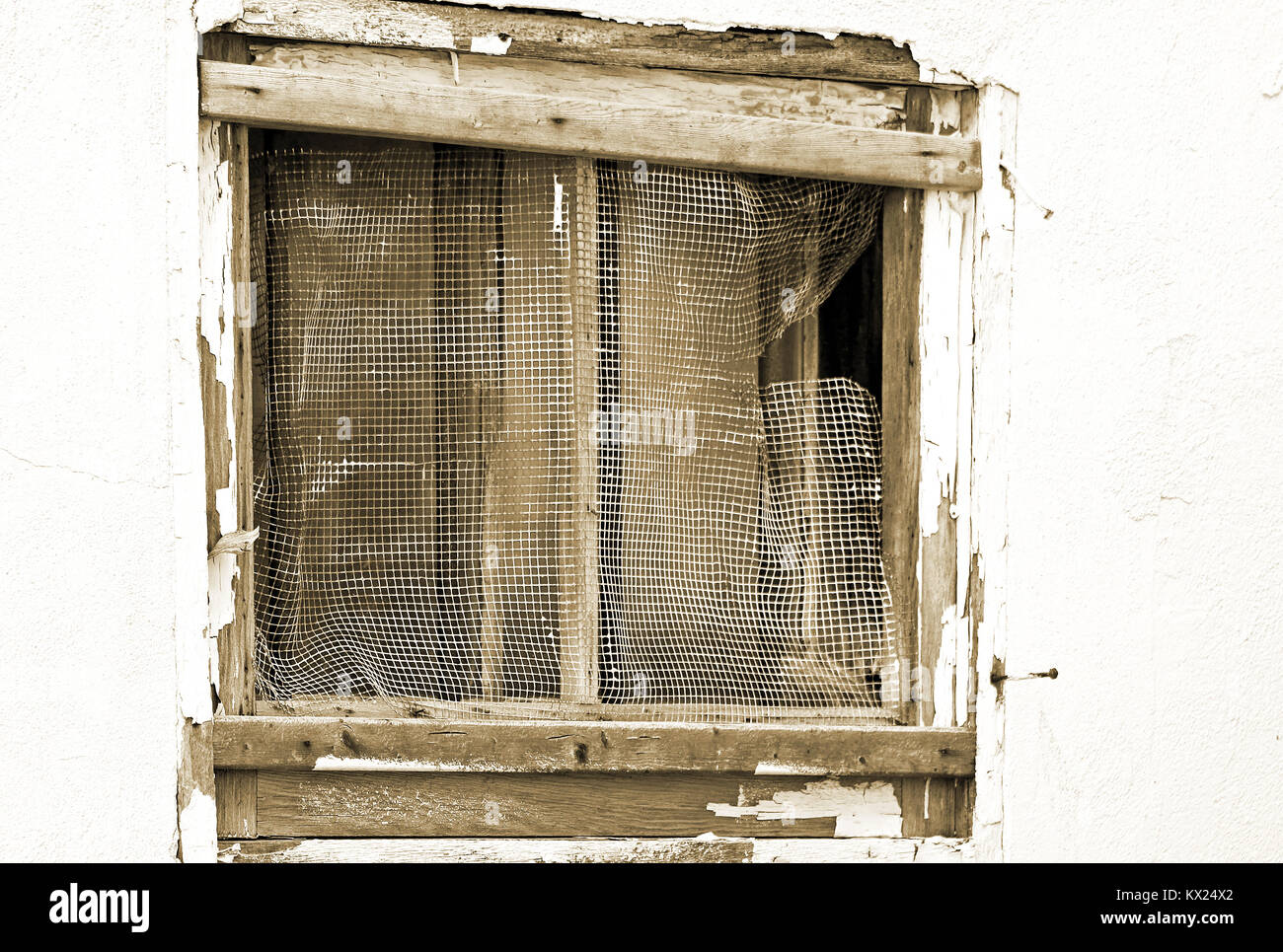 Old run down exterior window and frame in need of repair. Ripped and torn mesh window screen and paint chipping and peeling off the wooden Stock Photo