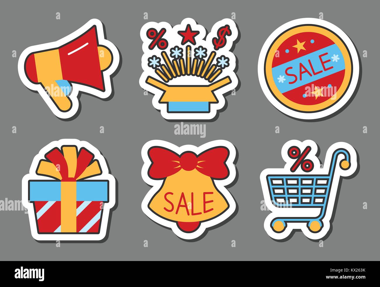 Season sale icon sticker set. Clearance flat style color. Badge, web, banner, business, emblem, print, tag, ad, label, poster gift card offer coupon i Stock Vector
