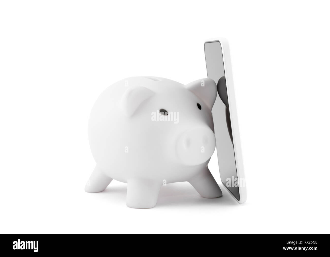 White piggy bank with mobile phone on white background Stock Photo - Alamy