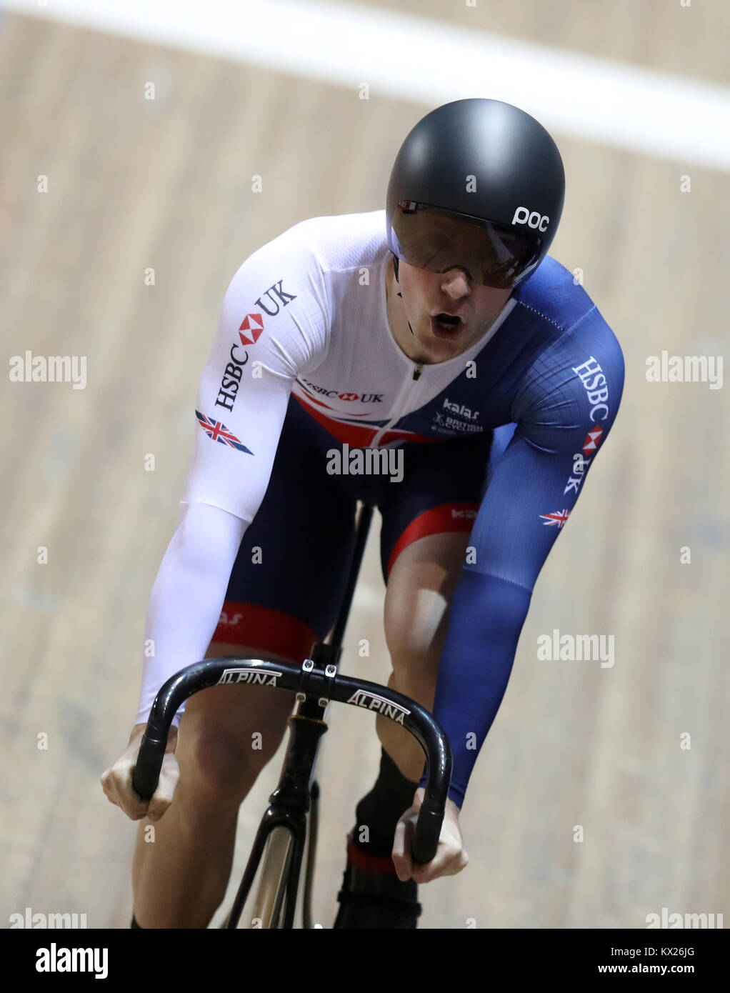 Jason Kenny finishes behind France's Gregory Bauge in the Men's Sprint Final during round three of the Revolution Series at the Manchester Velodrome. Stock Photo