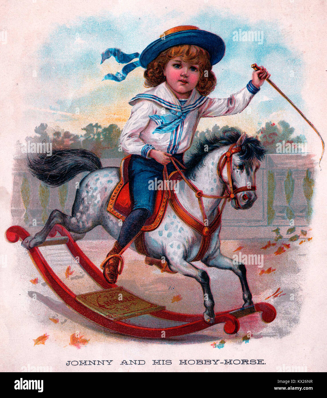 Johnnie and his hobby horse -  Victorian Era image of little boy riding a hobby horse Stock Photo