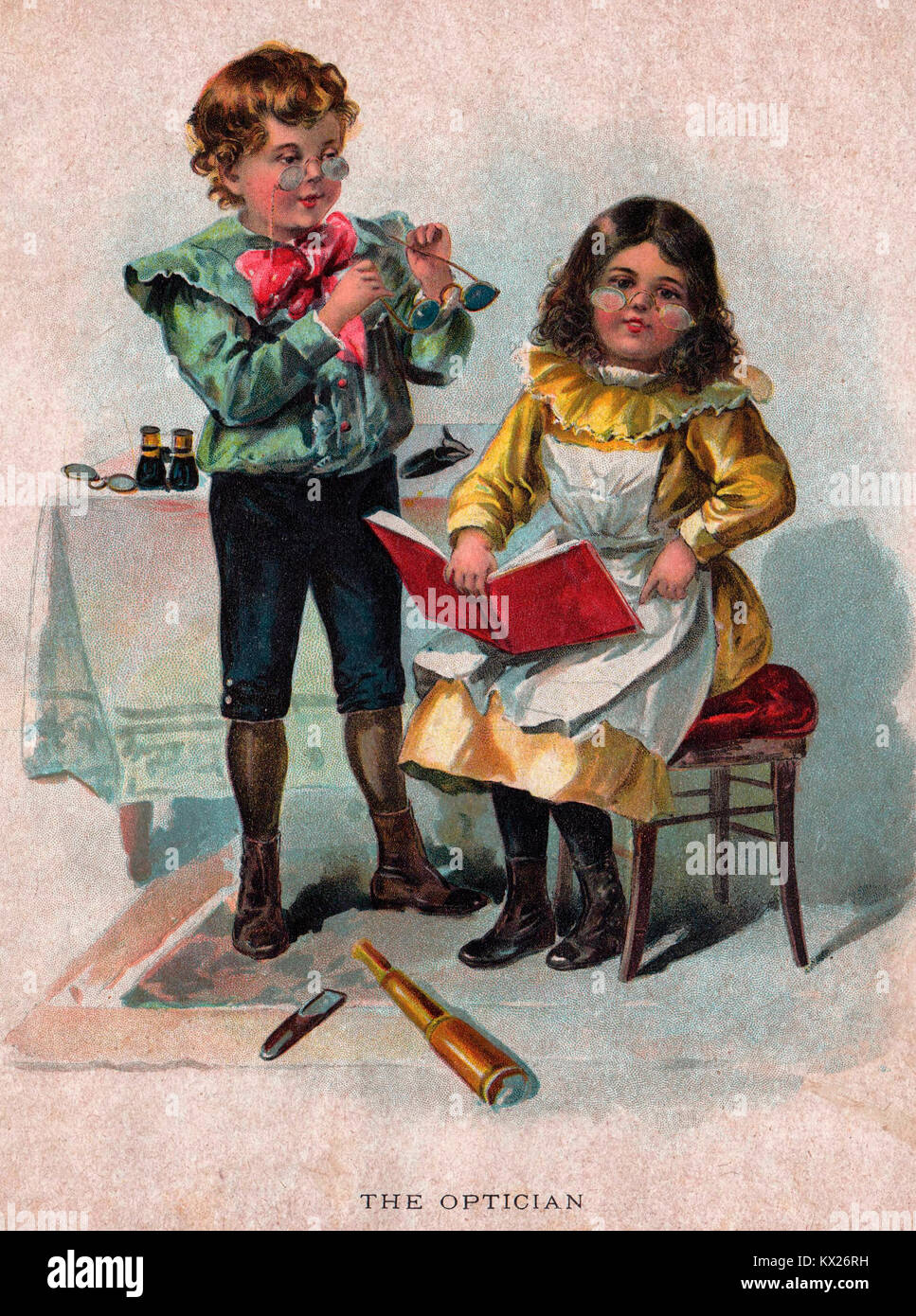 The Optician - Victorian image of Little Boy and Girl playing Optician and patient Stock Photo