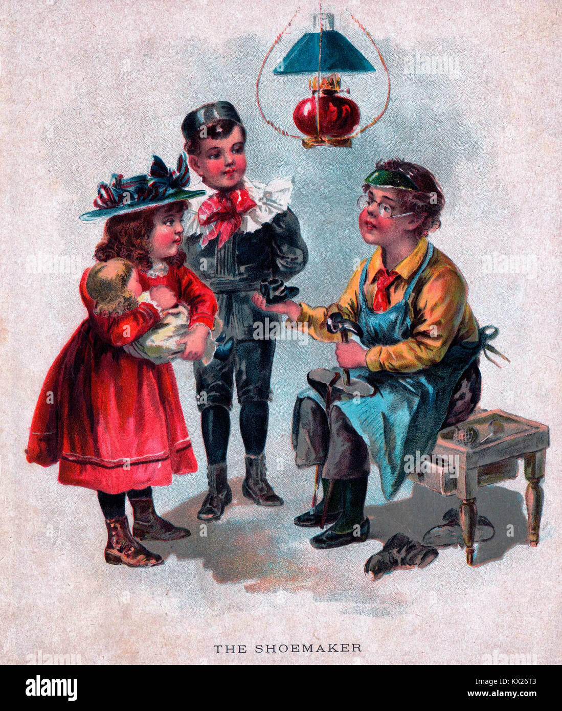 Victorian era illustration of children playing shoemaker and customer Stock Photo