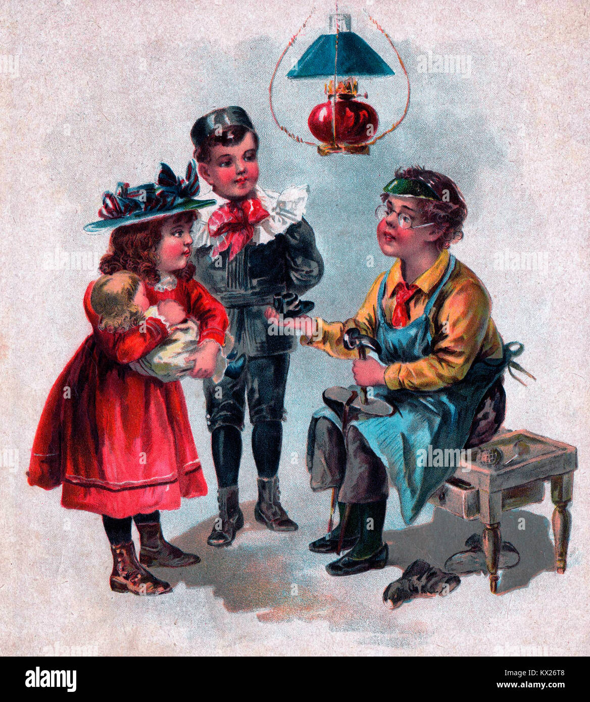 Victorian era illustration of children playing shoemaker and customer Stock Photo