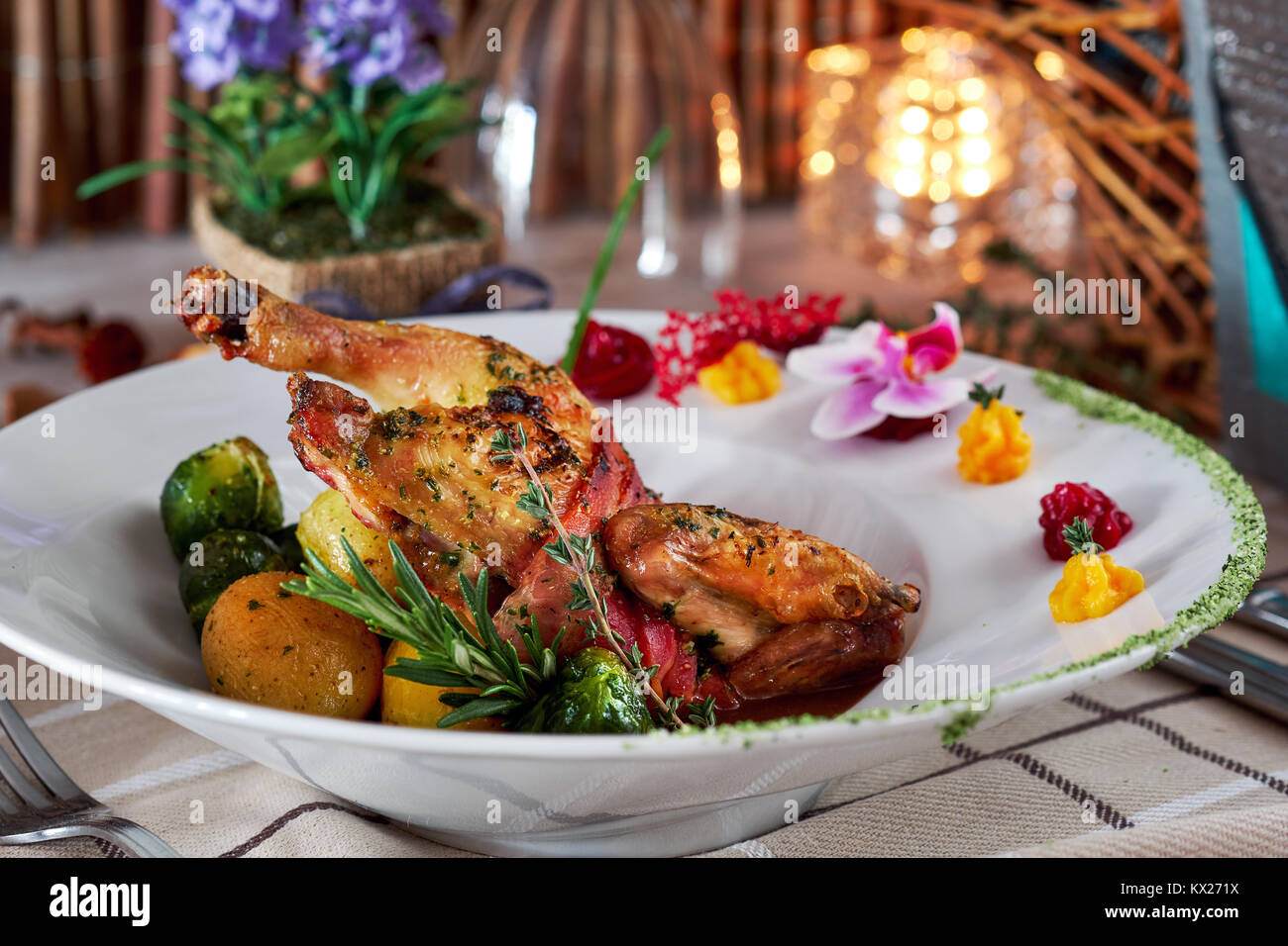 Quail sous vide, caramelized in creamy honey style with potatoes and