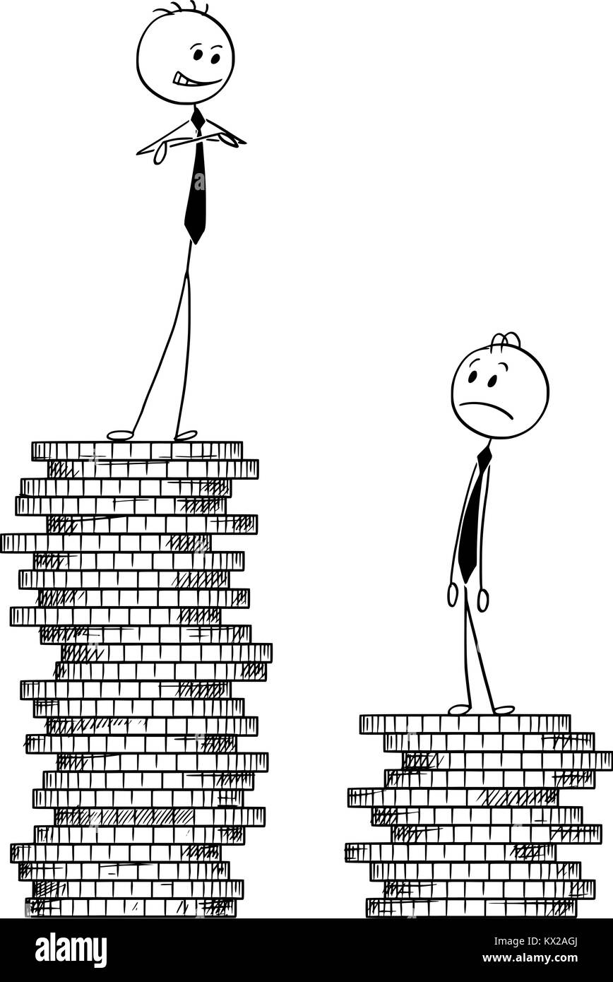 Cartoon stick man drawing conceptual illustration of two businessmen standing on coin piles, one higher, one lower. Concept of business success and co Stock Vector
