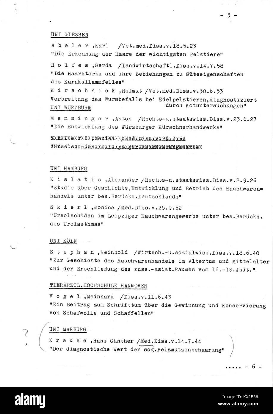 Dissertationen der deutschen Universitäten und Hochschulen ab 1889 über Rauchwaren, Pelz