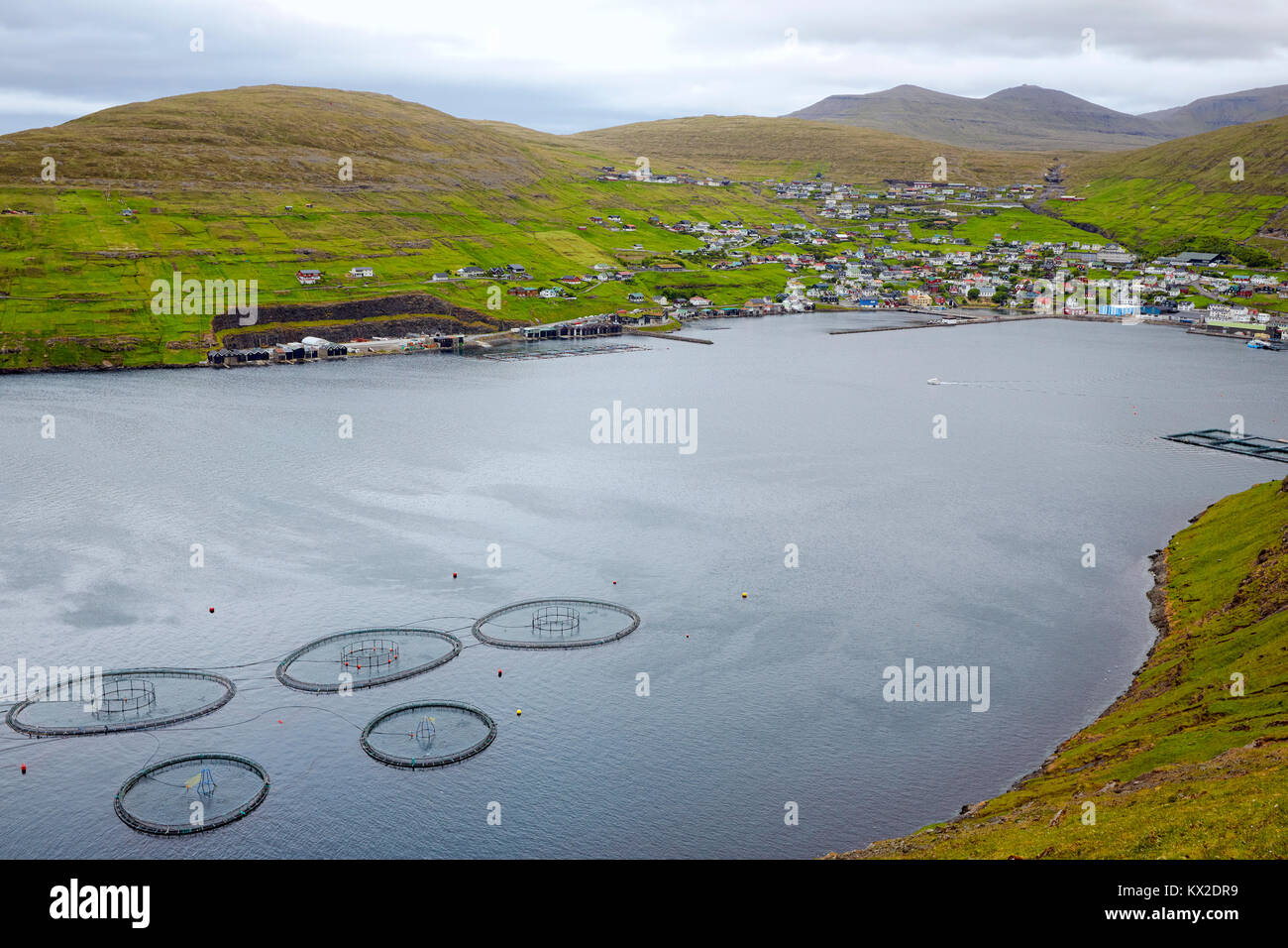 Salmon Farm, Vestmanna town, Streymoy Island, Faroe Islands Stock Photo