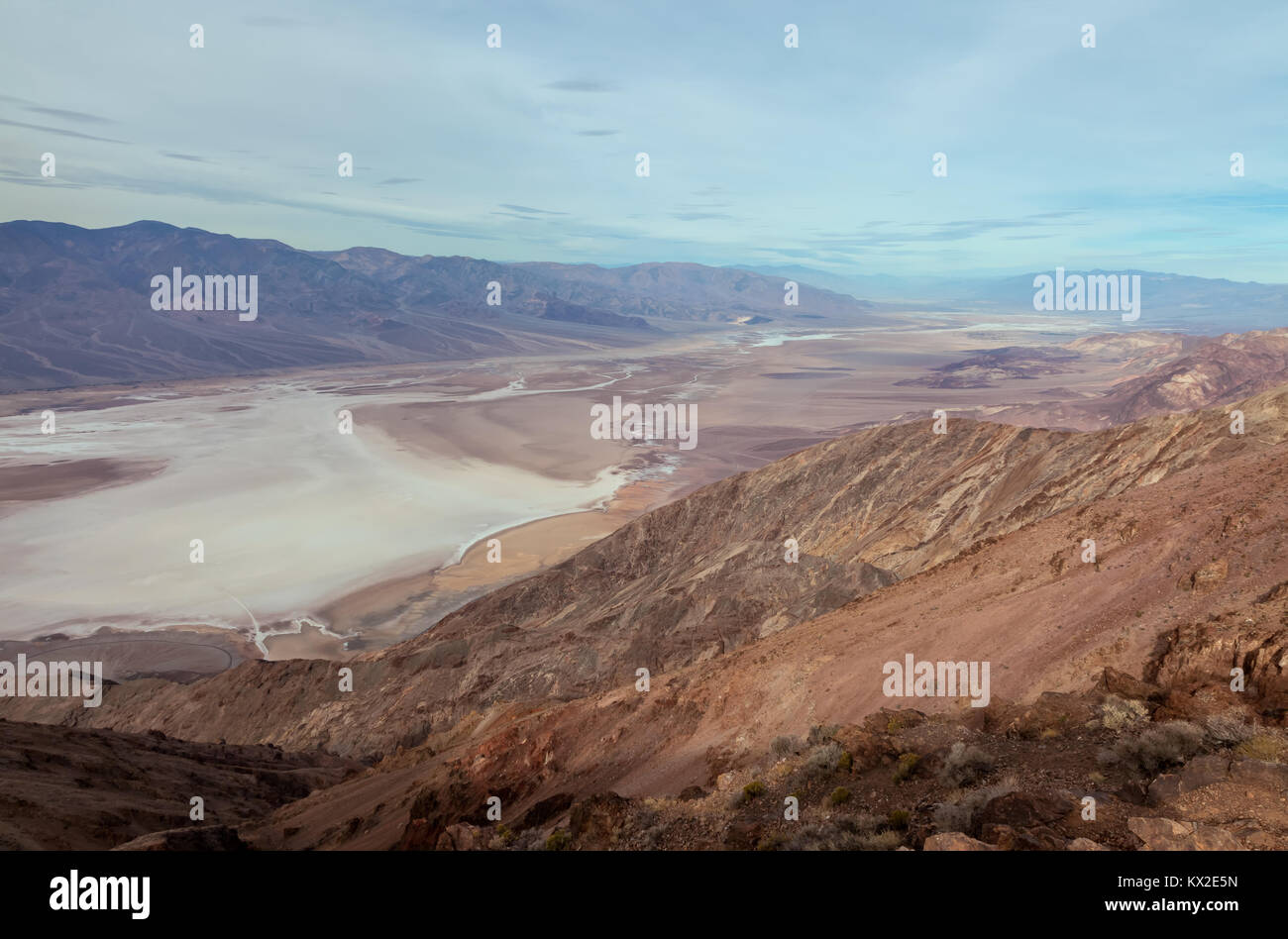 View of the Death Valley from the Dante's View, with the salt bed, Death Valley National Park, California, United States. Stock Photo