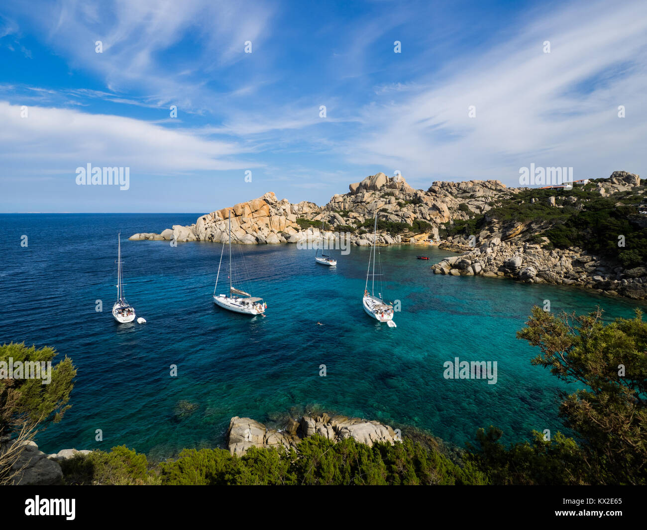 Boats anchoring at Capo Testa, Sardinia Stock Photo