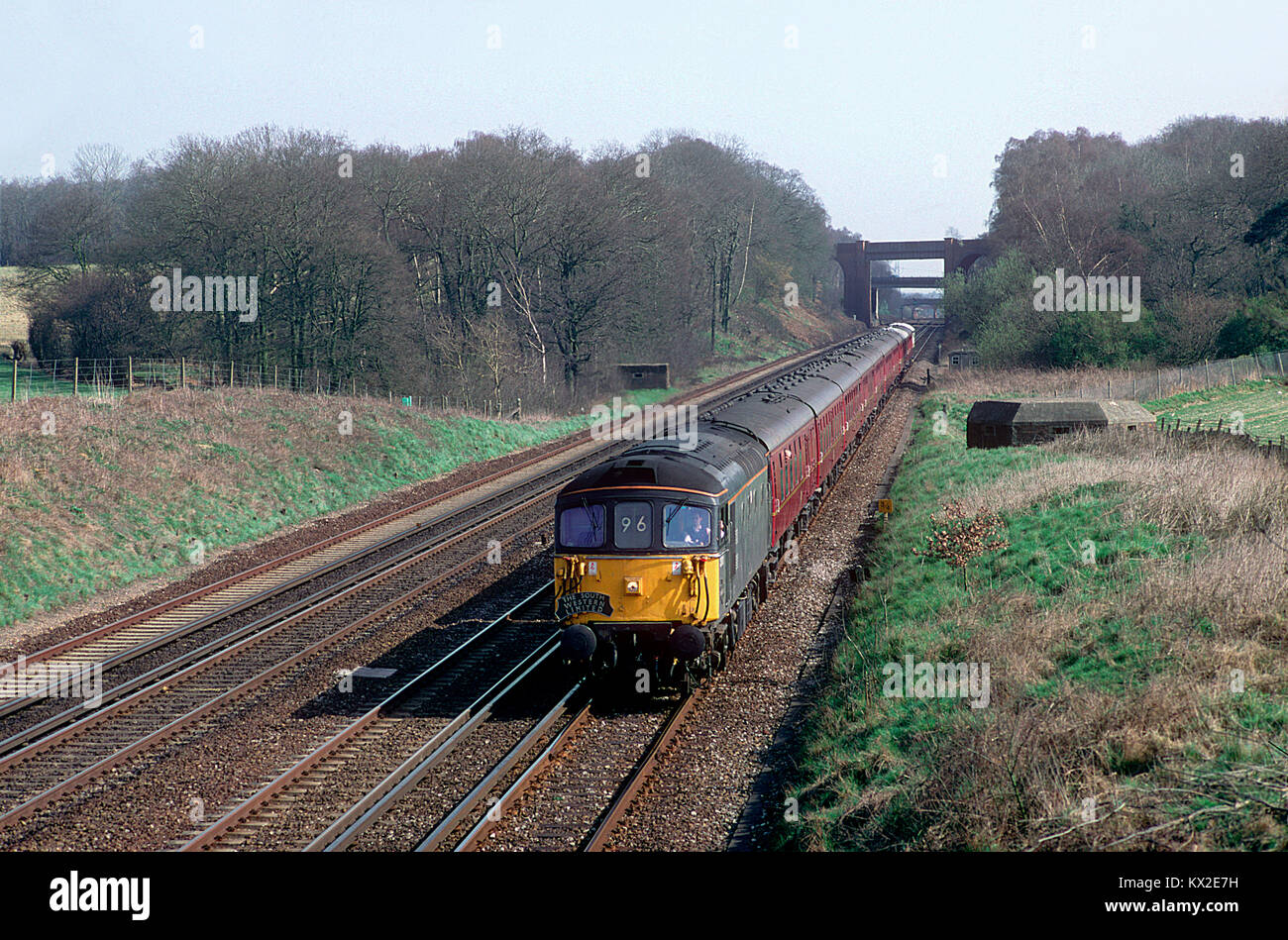 A class 33 diesel locomotive number 33101 working the diesel leg of the “South Western Limited” steam charter at Potbridge in Hampshire. 20th March 1993. Stock Photo