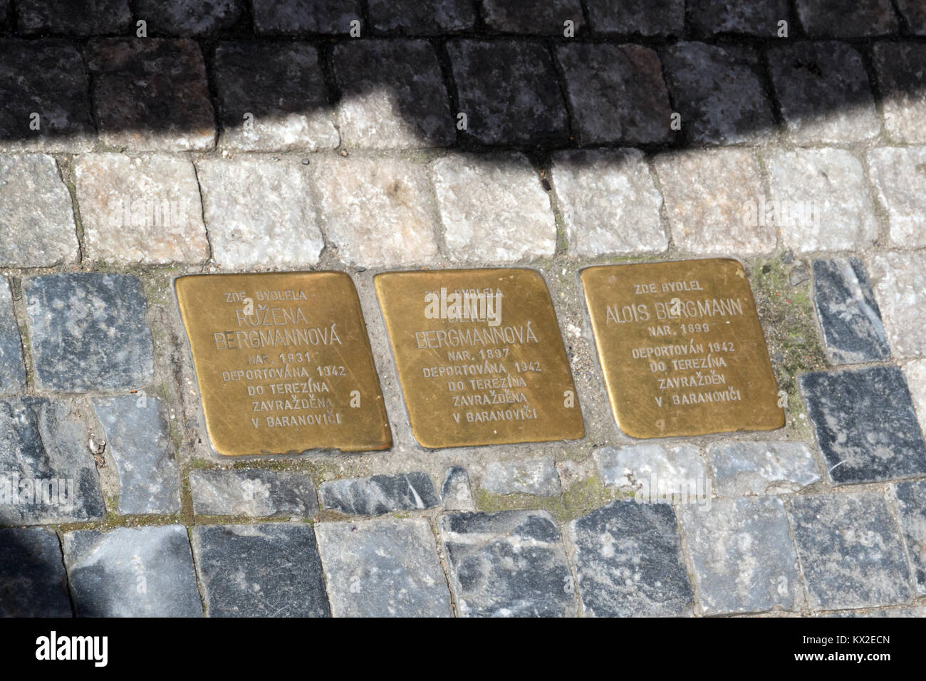 'Stumbling stones' memorial plaques outside the homes of Holocaust victims in Prague Stock Photo