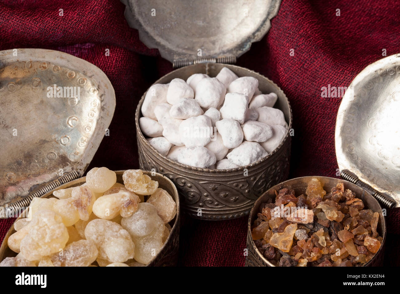 Frankincense is an aromatic resin, used for religious rites, incense and perfumes. High quality frankincense resin from Dhofar, Oman, Myrrh from Ethio Stock Photo