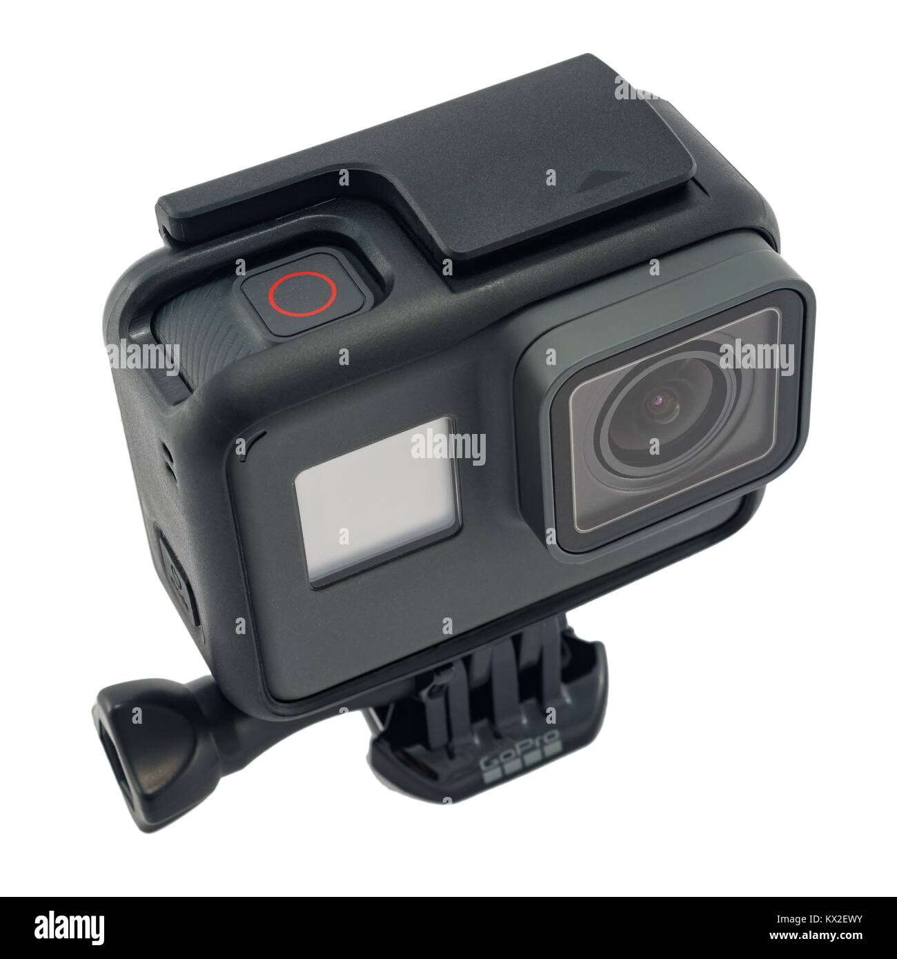 RIGA, LATVIA - NOVEMBER 25, 2017: GoPro HERO 6 Black. Supports 4k Ultra HD video up to 60 fps and 1080p up to 240 fps. Brand new waterproof action cam Stock Photo