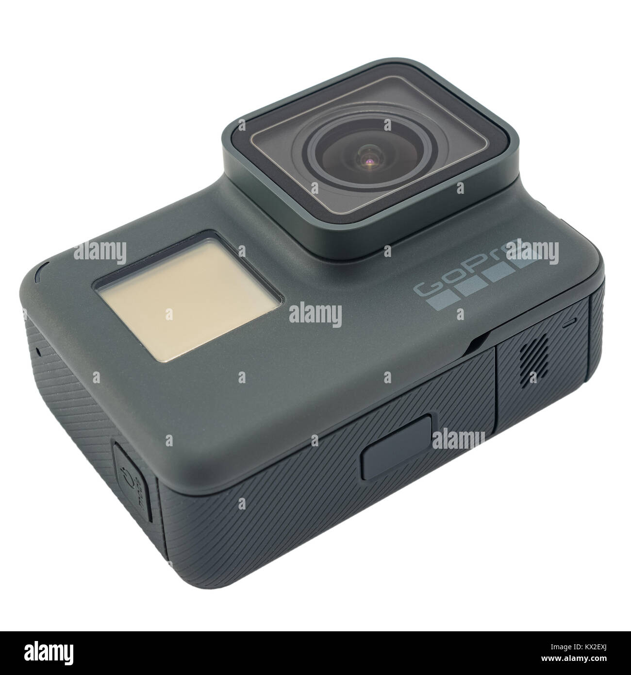 RIGA, LATVIA - NOVEMBER 25, 2017: GoPro HERO 6 Black. Supports 4k Ultra HD video up to 60 fps and 1080p up to 240 fps. Brand new waterproof action cam Stock Photo