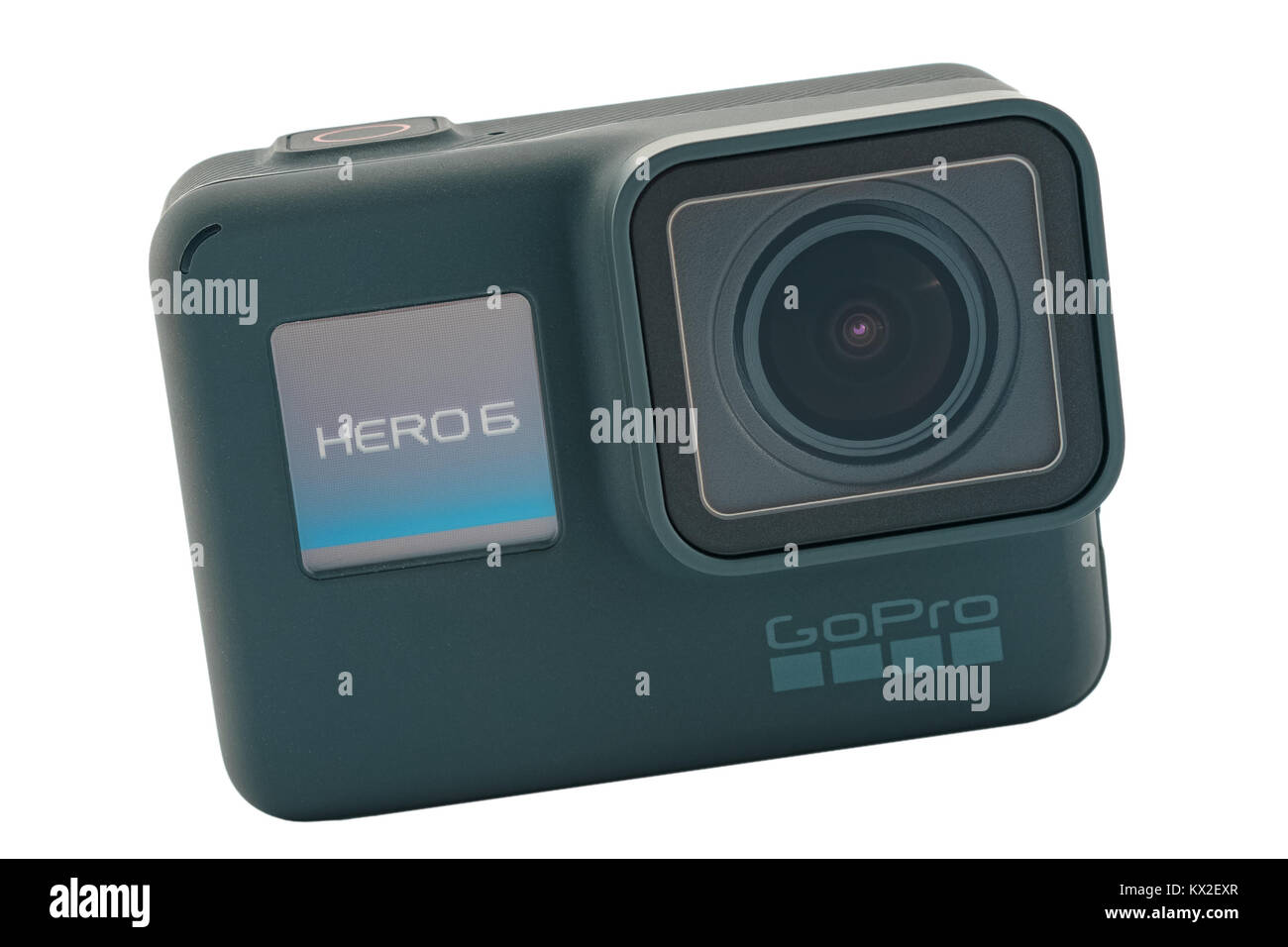 RIGA, LATVIA - NOVEMBER 25, 2017: GoPro HERO 6 Black. Supports 4k Ultra HD video up to 60 fps and 1080p up to 240 fps. Brand new waterproof action cam Stock Photo