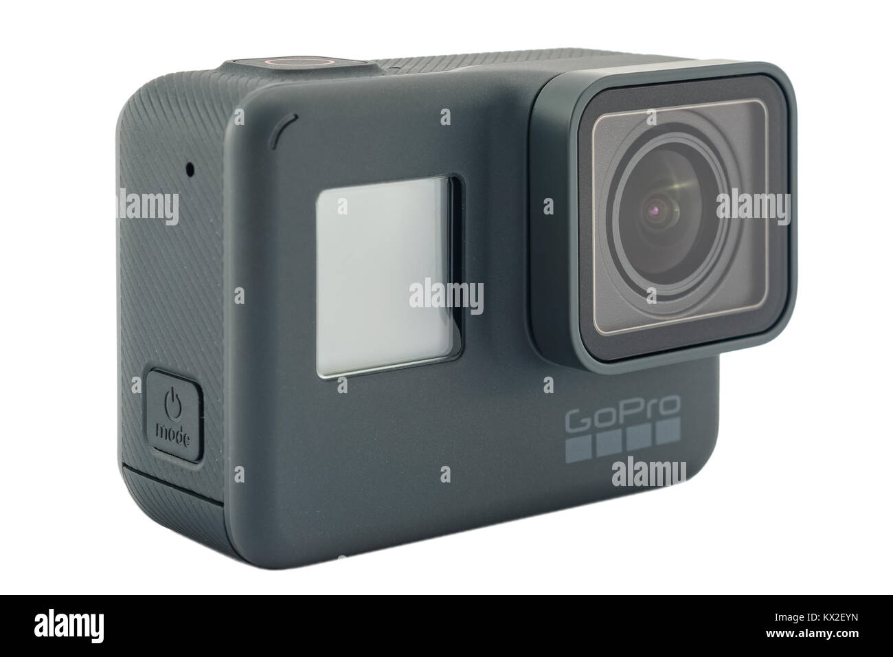 RIGA, LATVIA - NOVEMBER 25, 2017: GoPro HERO 6 Black. Supports 4k Ultra HD video up to 60 fps and 1080p up to 240 fps. Brand new waterproof action cam Stock Photo