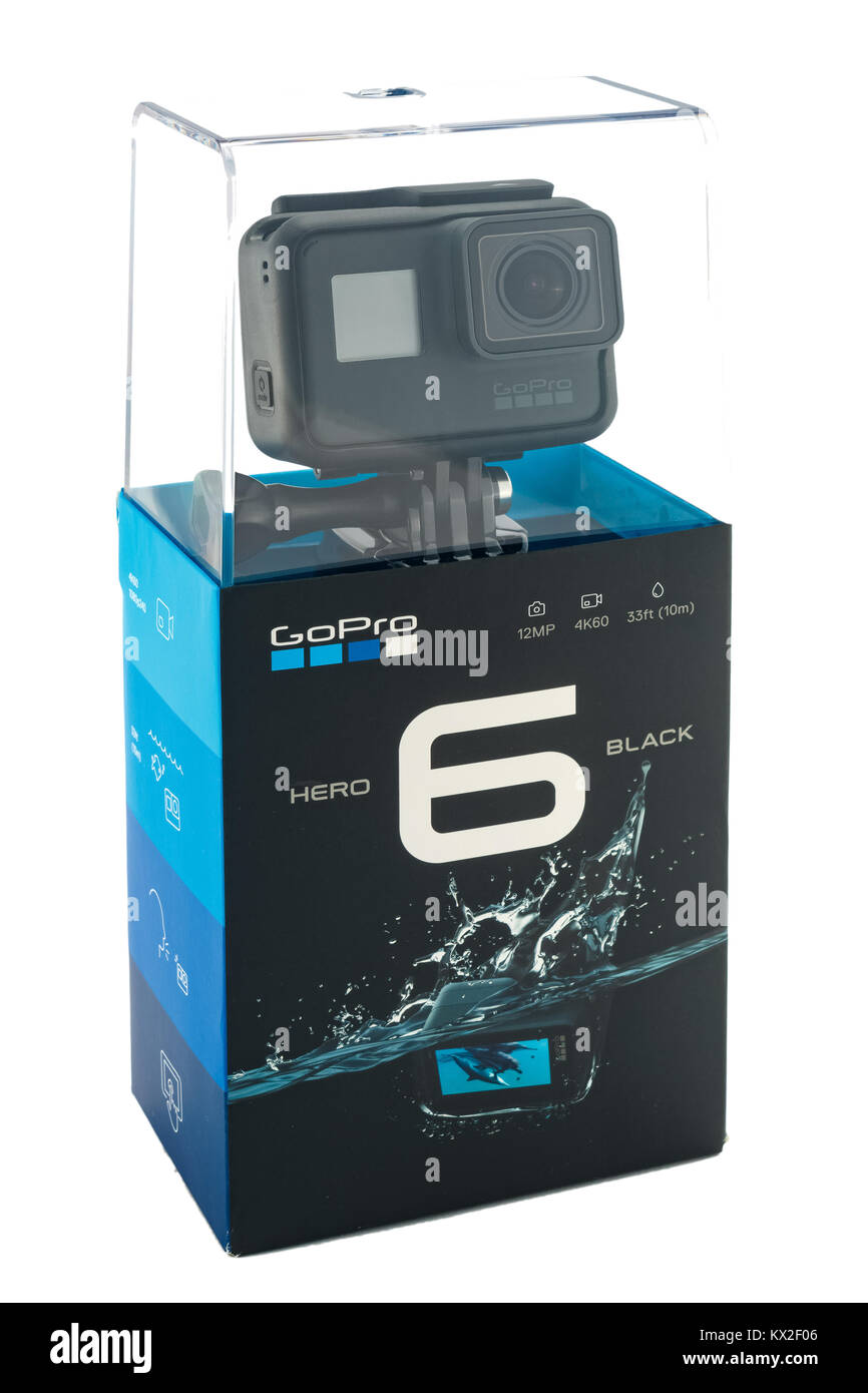 RIGA, LATVIA - NOVEMBER 25, 2017: GoPro HERO 6 Black. Supports 4k Ultra HD video up to 60 fps and 1080p up to 240 fps. Brand new waterproof action cam Stock Photo