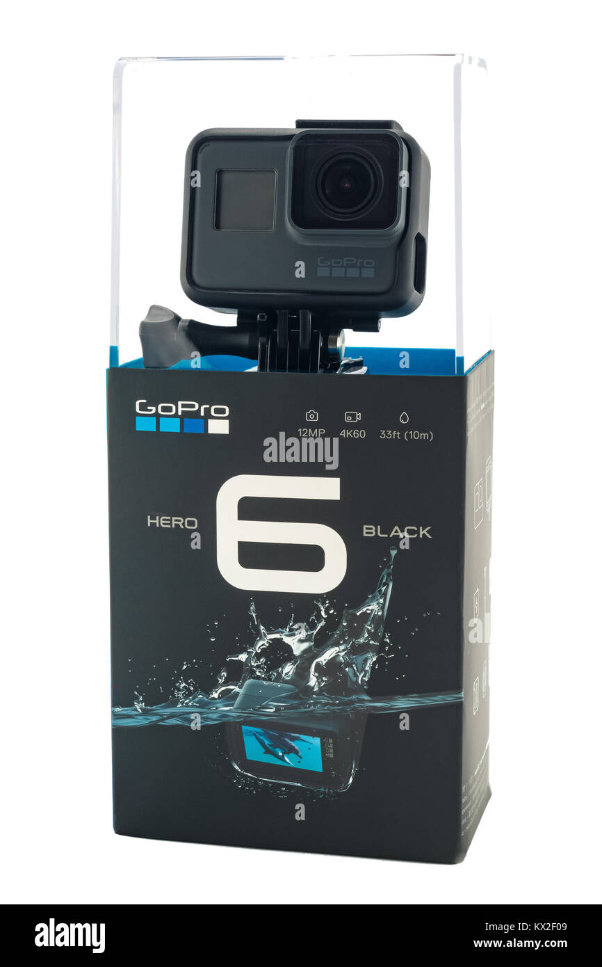 RIGA, LATVIA - NOVEMBER 25, 2017: GoPro HERO 6 Black. Supports 4k Ultra HD video up to 60 fps and 1080p up to 240 fps. Brand new waterproof action cam Stock Photo