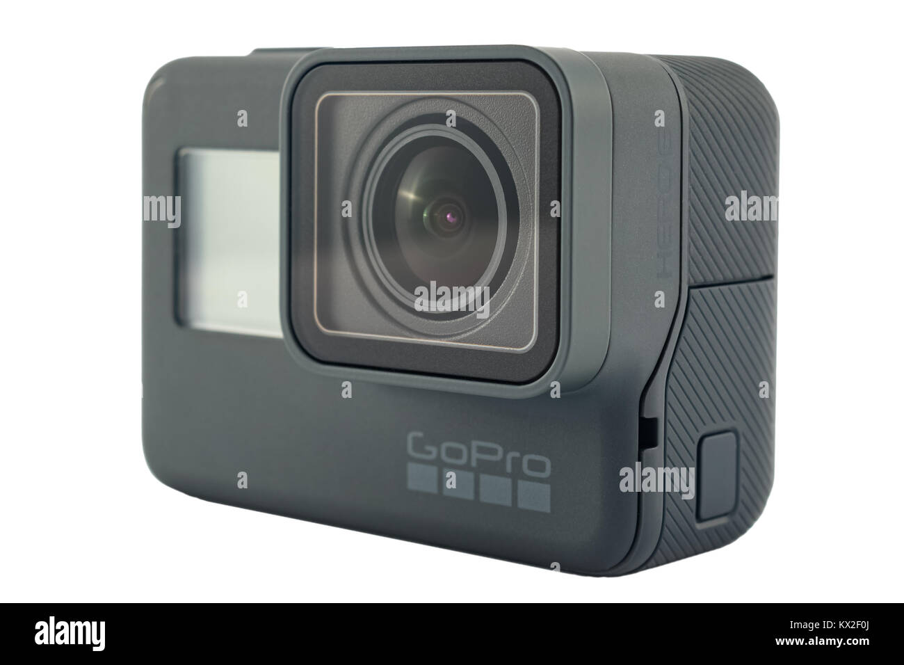 RIGA, LATVIA - NOVEMBER 25, 2017: GoPro HERO 6 Black. Supports 4k Ultra HD video up to 60 fps and 1080p up to 240 fps. Brand new waterproof action cam Stock Photo