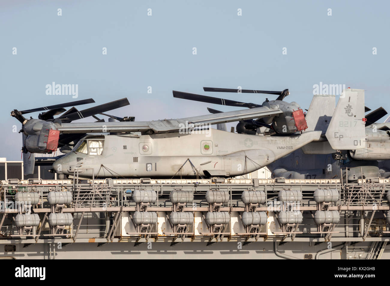 Bell Boeing MV-22 Osprey tilt rotor aircraft from the United States Marine Corps  on the deck of Untied States Stock Photo
