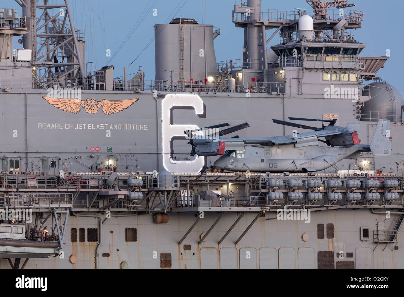 Bell Boeing MV-22 Osprey tilt rotor aircraft from the United States Marine Corps  on the deck of Untied States Stock Photo