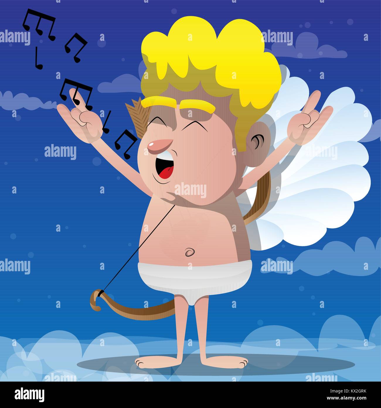 Cupid singing with hands in rocker pose. Vector cartoon character illustration. Stock Vector