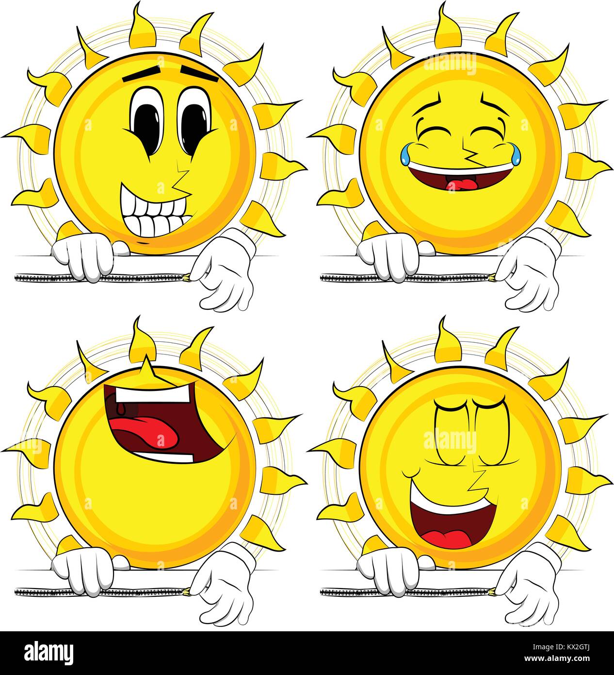 Cartoon sun zipping a banner. Collection with happy faces. Expressions vector set. Stock Vector