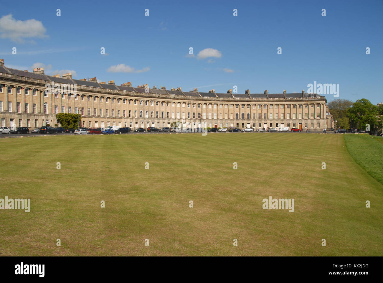 The Royal Crescent and lawn in spring, Bath, United Kingdom Stock Photo
