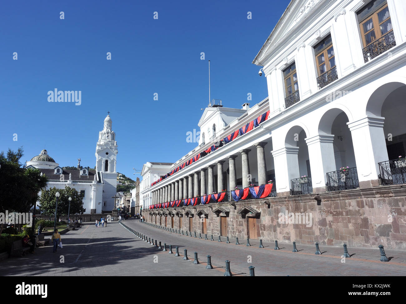 Carondelet Palace, Palacio de Carondelet, which houses government offices and presidential quarters and Quito Cathedral, Catedral Metropolitana de Qui Stock Photo
