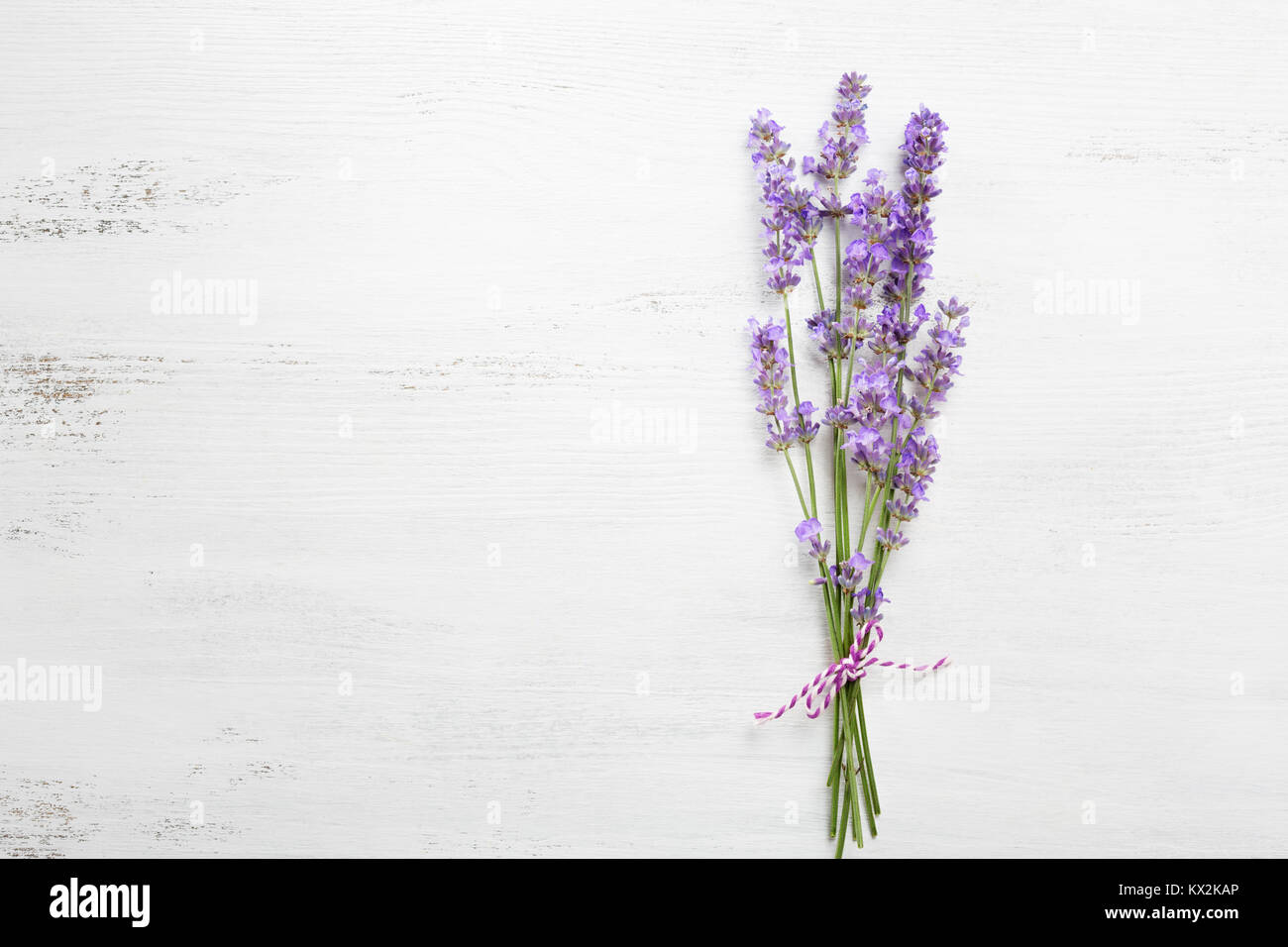 Bundle of lavender on old wooden board painted white. Stock Photo