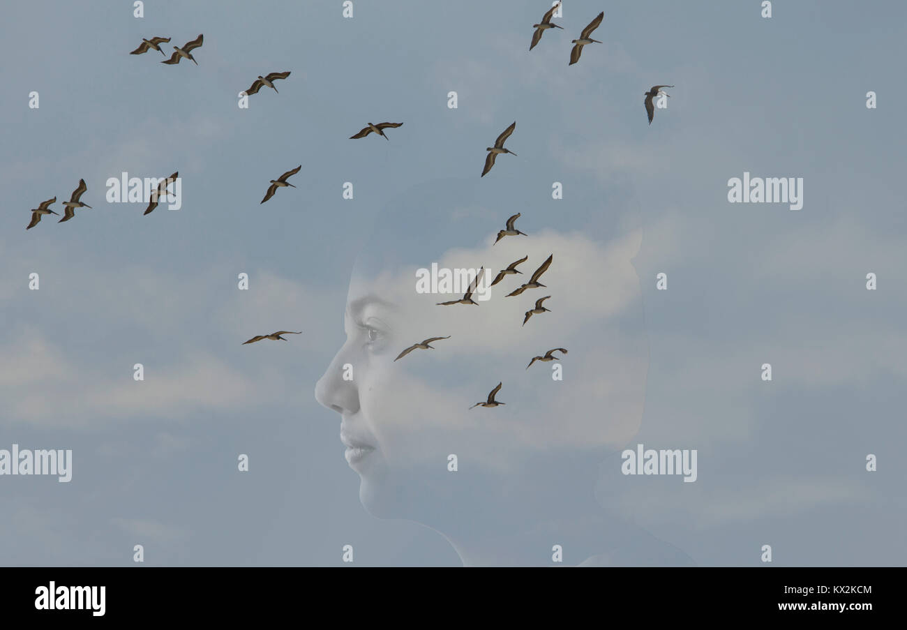 Double exposure image concept of a girl thinking in the sky with clouds ...