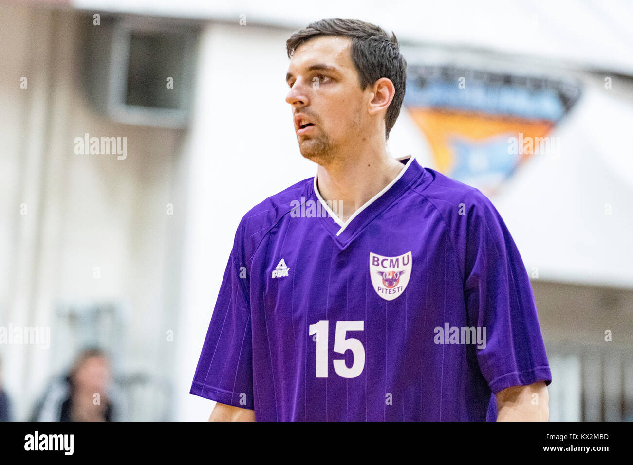 December 23, 2017: Laszlo Lazar #15 (BCMU FC Arges Pitesti) during the LNBM  - Men's National Basketball League game between CSM Steaua Bucharest vs  BCMU FC Arges Pitesti at Sala Regimentul de