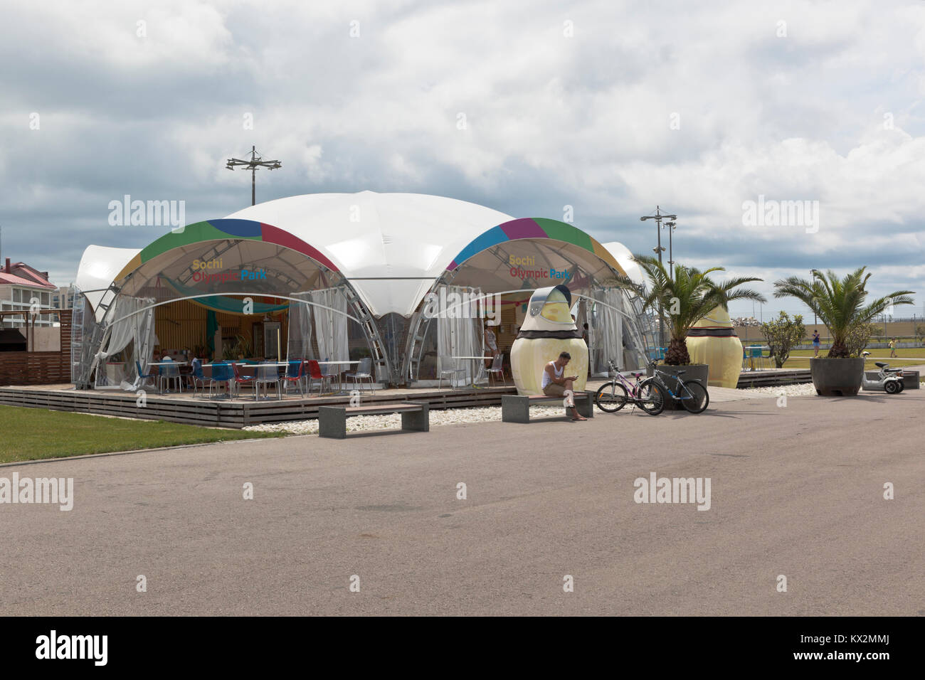 Adler, Krasnodar region, Russia - July 8, 2016: Outdoor cafe on territory of the Sochi Olympic Park Stock Photo