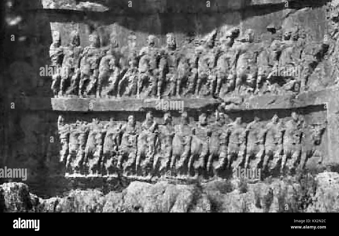 Historic Persia (Iran) in 1935  - Archaeology - SHAPUR - A carved tablet featuring the army of Shapur I. Stock Photo