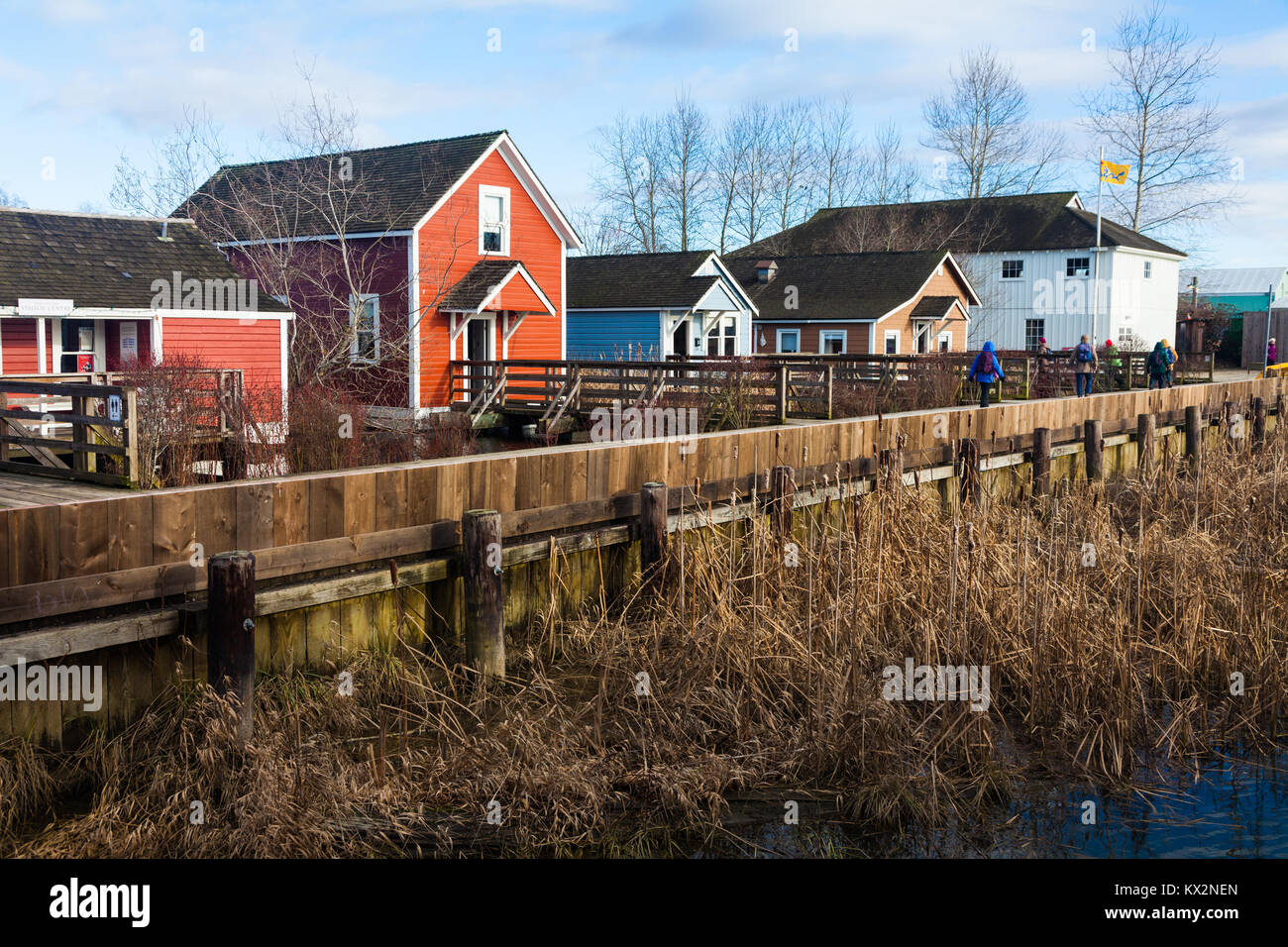 Primary flood defense barrier along the banks of the Fraser River in Steveston, British Columbia Stock Photo