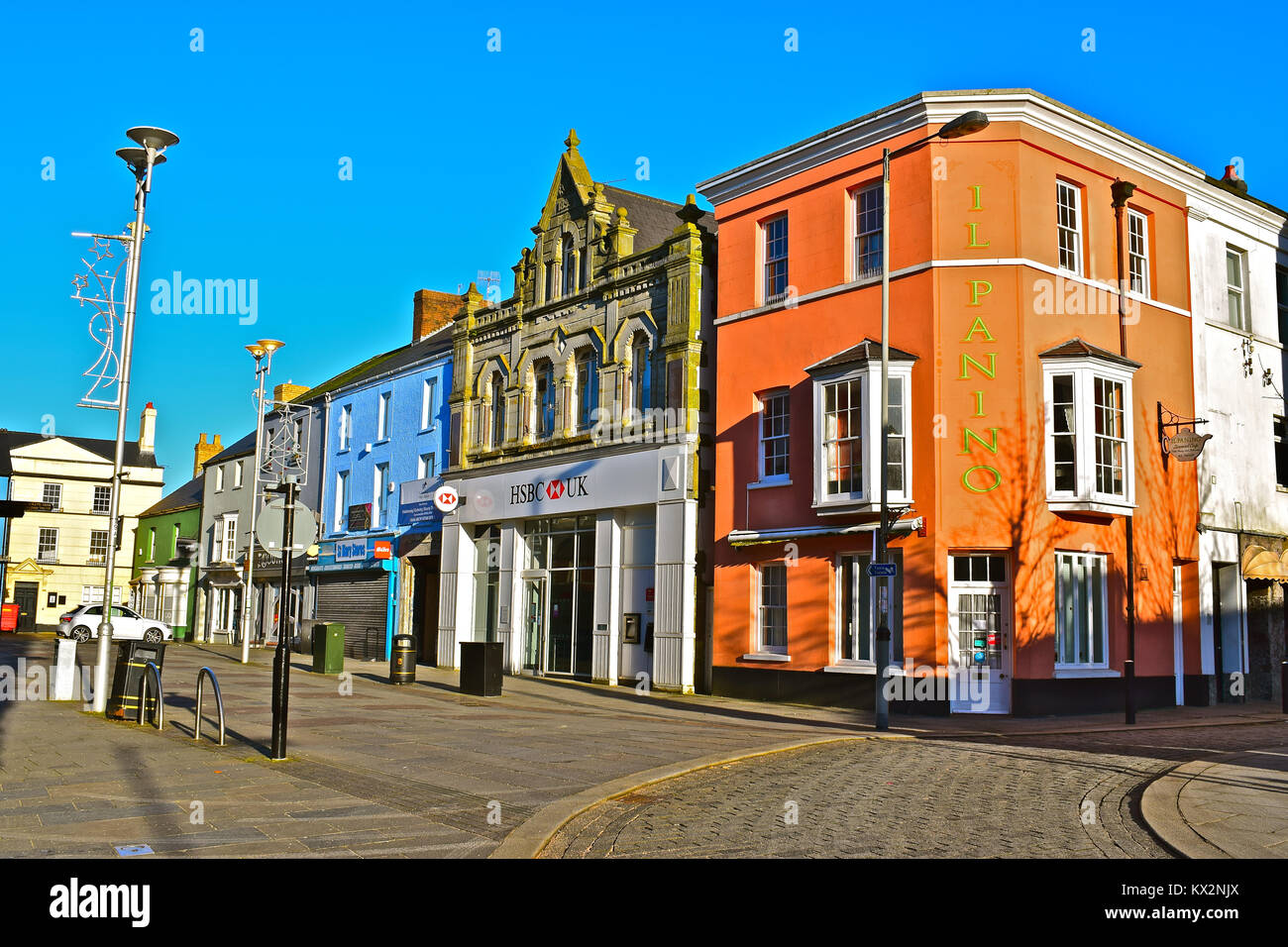 A collection of colourful restored buildings in Bridgend Town Centre, S