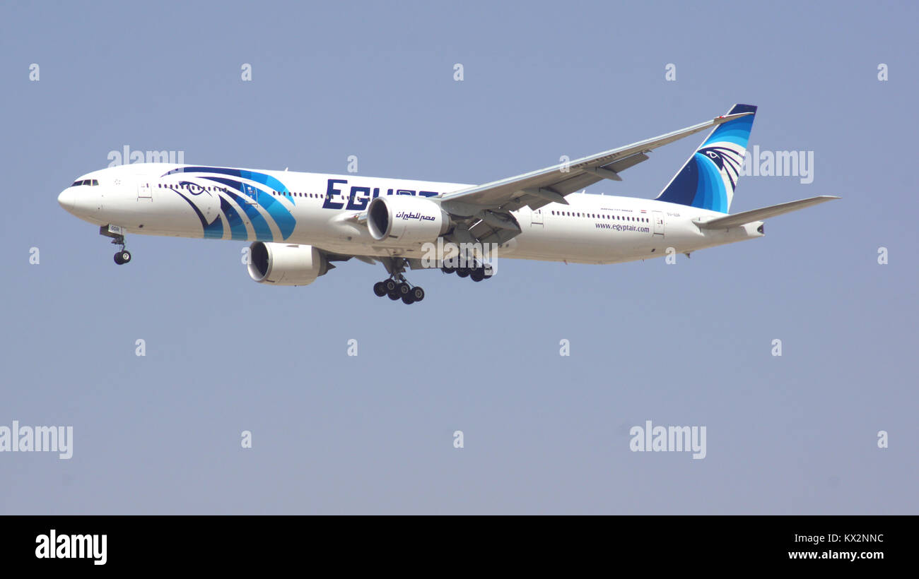 DUBAI, UNITED ARAB EMIRATES - APRIL 1st, 2014: Boeing 777-300ER from Egypt Air on final approach to Dubai Airport DXB registration SU-GDR, Egypt Air is Africa's largest airline operating passenger service to about 75 destinations Stock Photo
