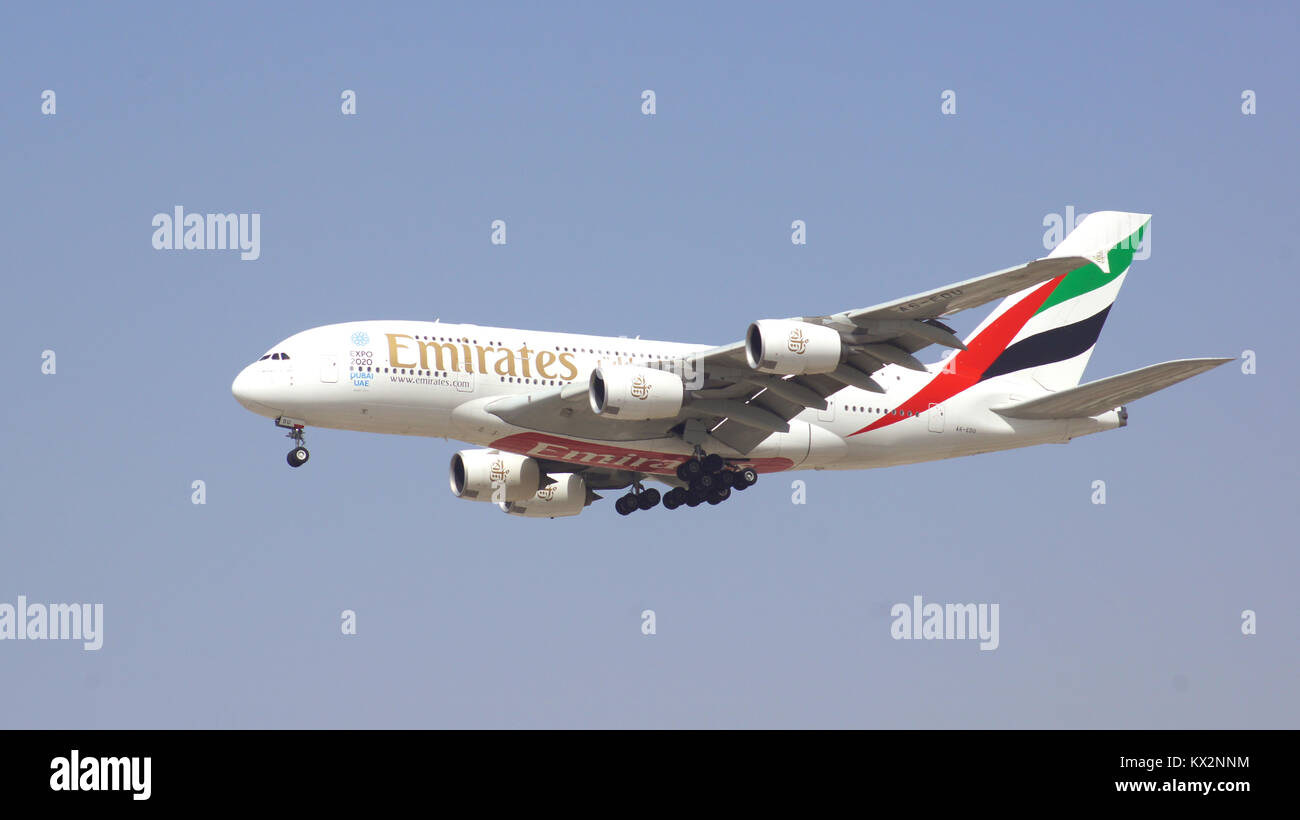 DUBAI, UNITED ARAB EMIRATES - APRIL 1st, 2014: Airbus A380 from Emirates Airlines approaching Dubai Airport DXB, landing of A6-EDU Stock Photo