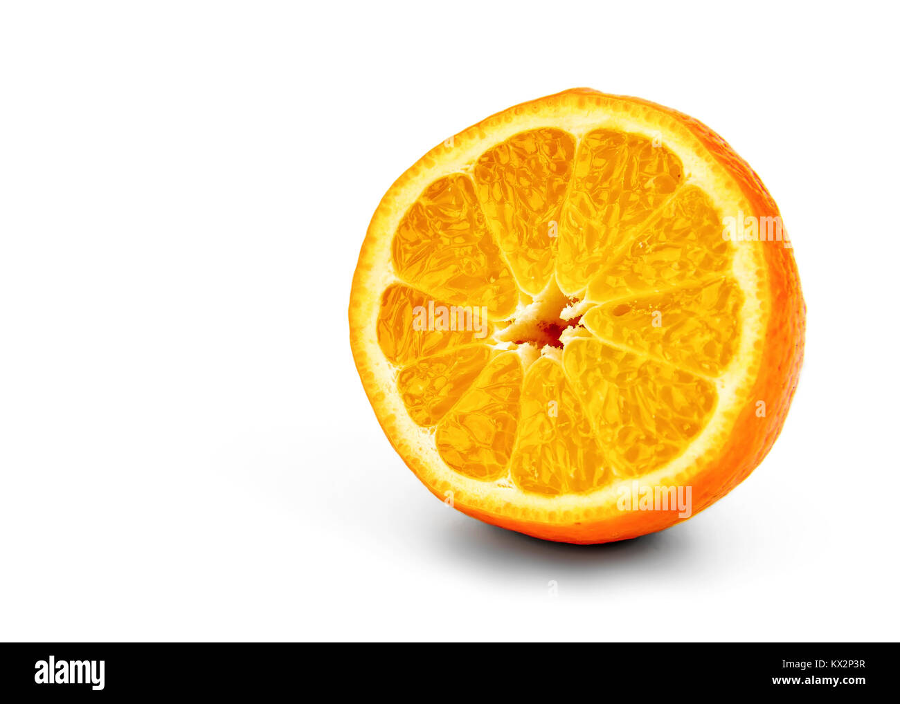 Halfcut of a tangerine closeup lies on a white background and a place