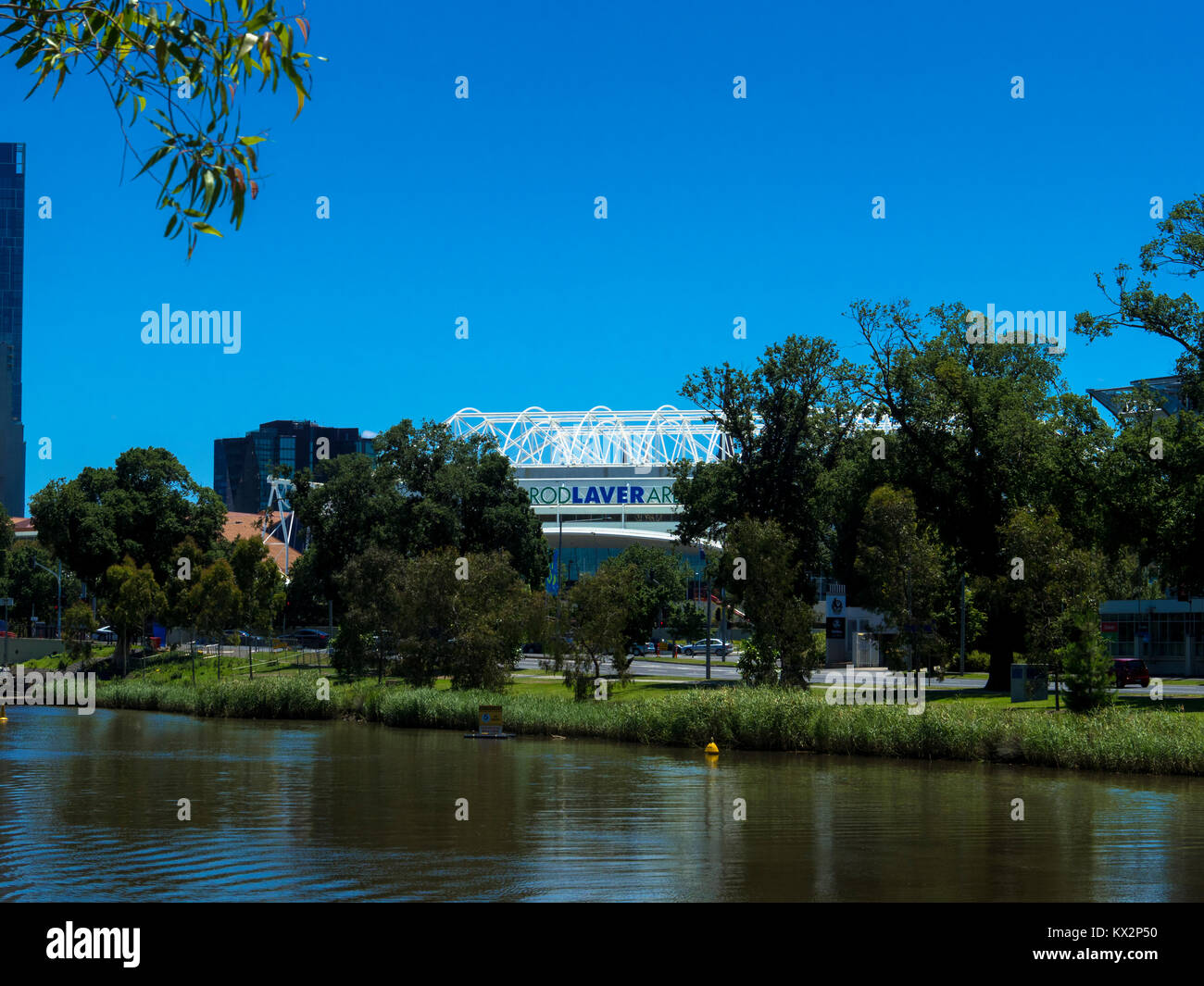 Rod Laver Arena in Melbourne Park from south bank of the Yarra River, Melbourne, Victoria