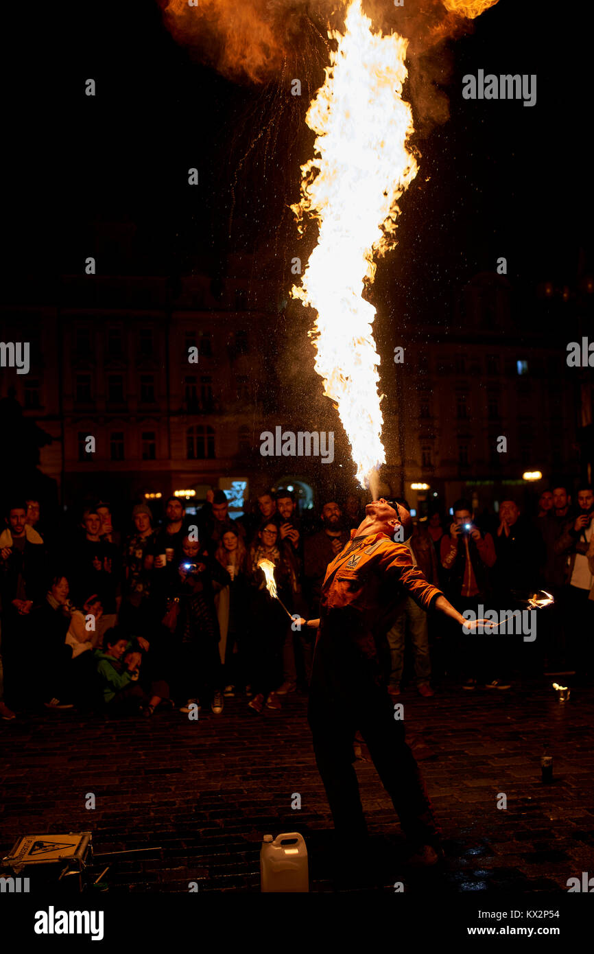 Fire Eater, street artist on Old Town Square Prague Stock Photo