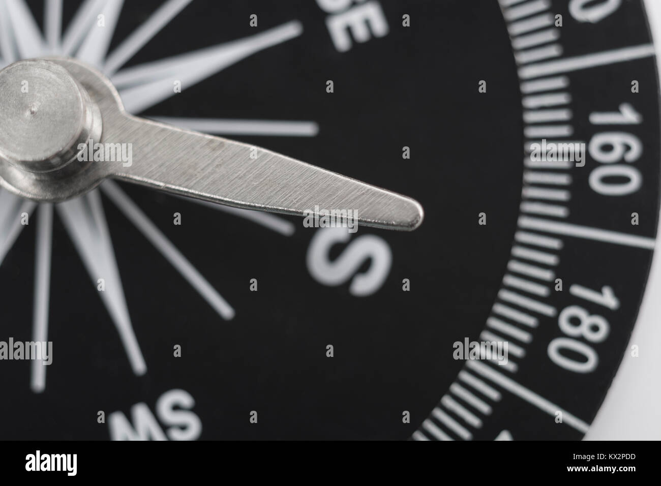 Macrophoto of compass rose face with needle. Concept navigation