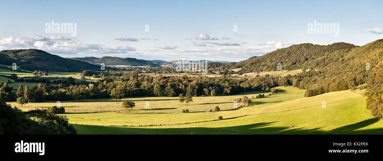 A panoramic view from the Offa's Dyke Path where it crosses Herrock Hill, near Kington, looking down the Hindwell Valley to the distant Clee Hill Stock Photo