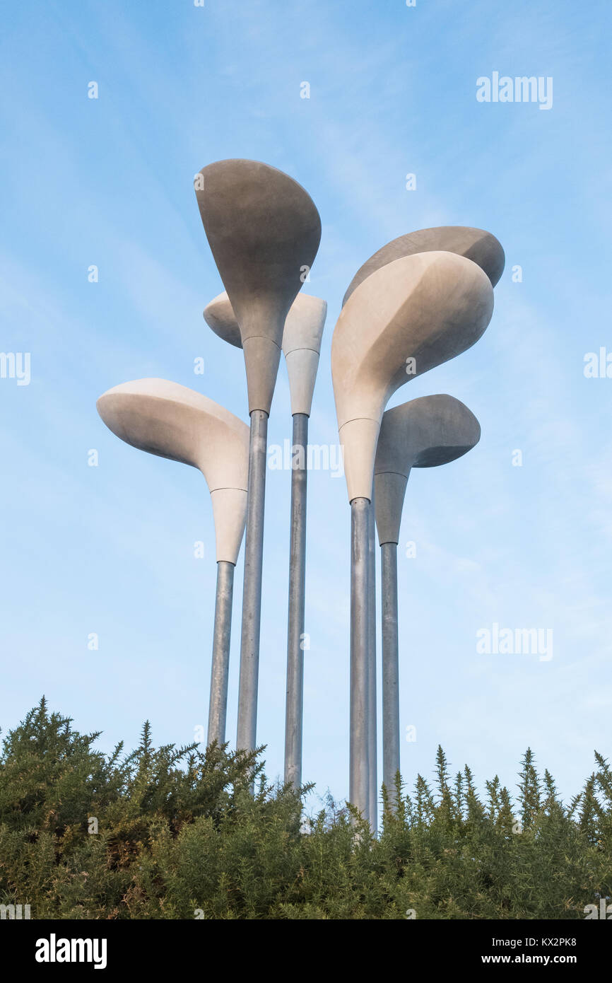 Giant Golf Clubs on roundabout close to Gleneagles village, A823 Perthshire, Scotland, UK Stock Photo