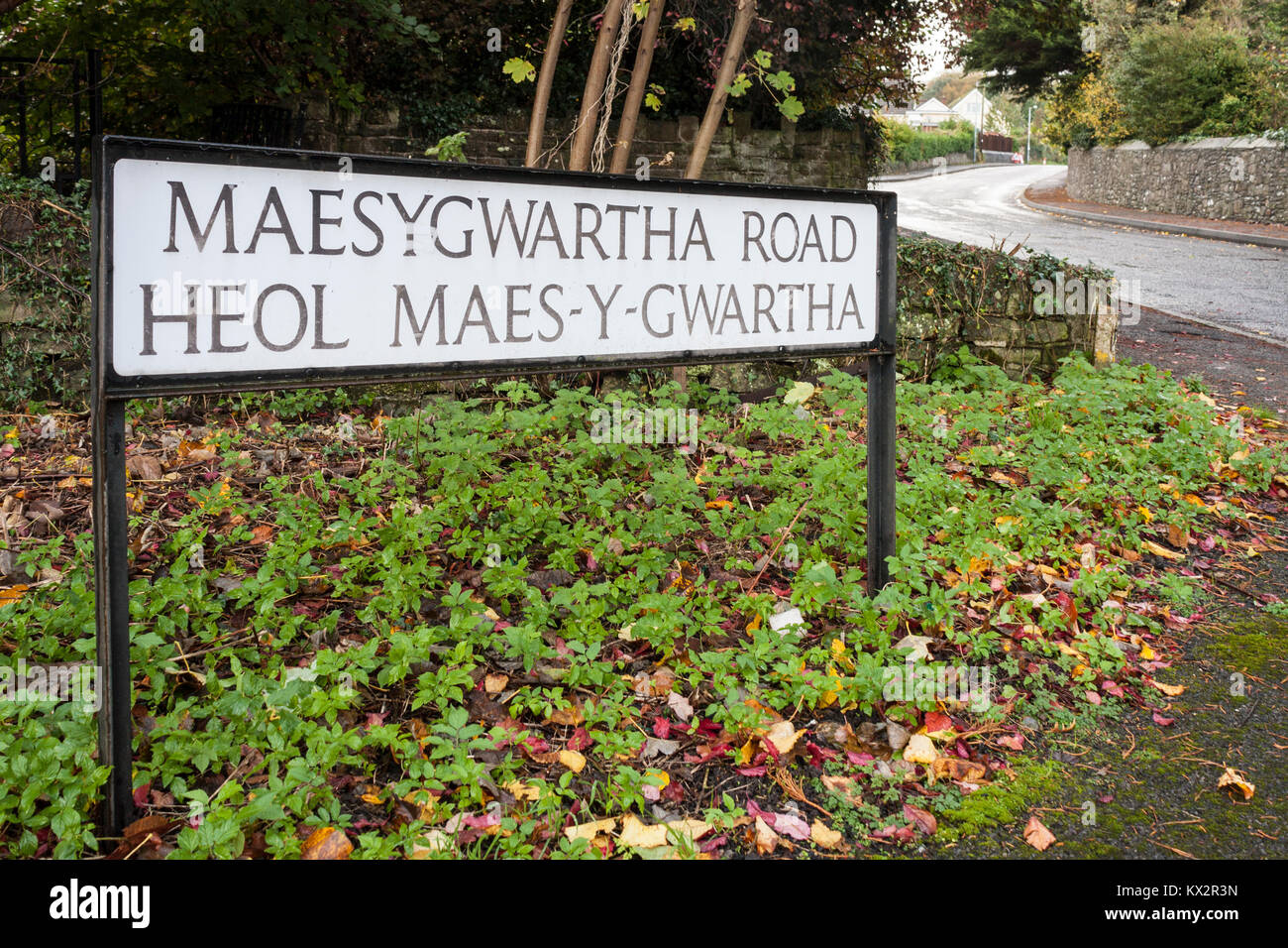 Bi-lingual street name sign in Welsh and English. Gilwern, Abergavenny, Wales, GB, UK Stock Photo