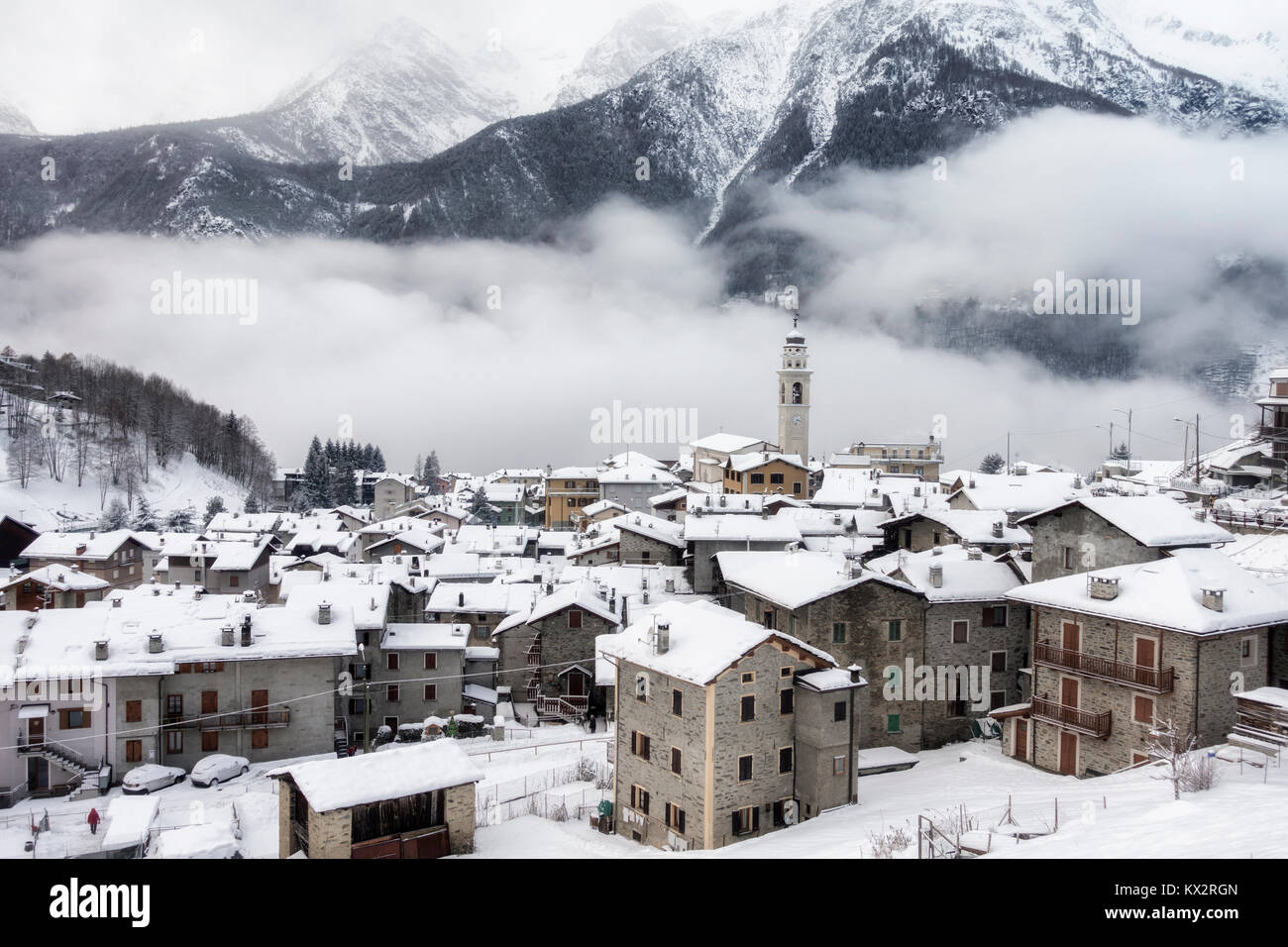 Caspoggio in winter, small mountain country on italian alps under the snow, Sondrio, Italy Stock Photo