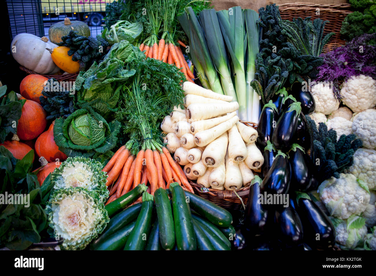 Assortment of fresh fruits and vegetables on the market Stock Photo - Alamy