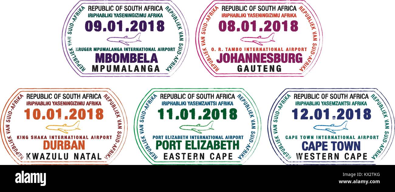 Set of stylized passport stamps for major South African airports in vector format. Stock Vector