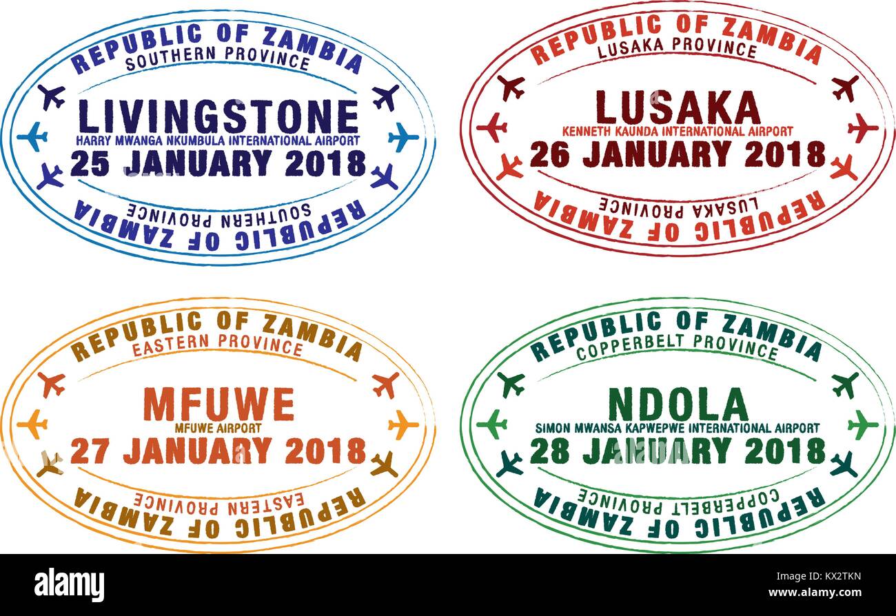 Set of stylised passport stamps for major airports of Zambia in vector format. Stock Vector